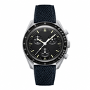 Chronograph watch with black dial and dark blue leather strap on white background
