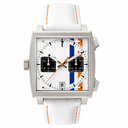 Sport casual chronograph watch with silver-tone metal case, white dial with blue and orange accents, and white fabric strap with orange stitching