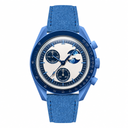 Blue moonphase watch with blue suede strap on white background