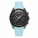 Casual chronograph watch with black dial and light blue rubber strap on white background