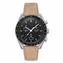 Chronograph watch with black dial, silver case, and beige suede strap on white background