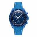 Blue chronograph watch with rubber strap on white background