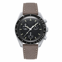 Chronograph watch with black dial and brownish gray leather strap on white background