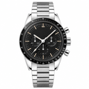 Chronograph watch with silver metal case and bracelet, black dial, and chronograph subdials