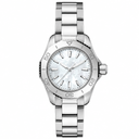 Silver metal watch with white pearlescent dial on white background