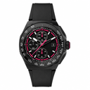 Sport chronograph watch with black dial, red accents, black coated case, and black silicone strap