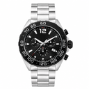 Men's sport chronograph watch with black dial and silver stainless steel bracelet on white background
