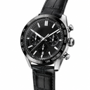 Sport chronograph wristwatch with black dial, silver case, and black leather strap