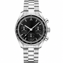 Chronograph watch with black dial, black bezel, and silver metal bracelet