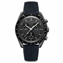 Chronograph watch with black dial and textured black leather strap on white background