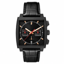 Chronograph watch with black ceramic square case and black textured leather strap