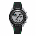 Sporty chronograph watch with gray dial and black textile strap featuring green stitching