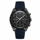 Chronograph wristwatch with dark dial and blue fabric strap on white background