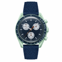 Sport chronograph watch with navy blue dial, leather strap, and mint green case on white background