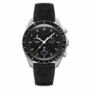 Black chronograph watch with black dial and suede strap on white background product photo