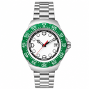 Sport-Casual watch with white dial, green bezel, and metal bracelet on white background