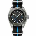 Sport watch with black dial and blue accents on black and blue fabric strap