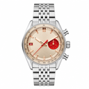 Chronograph wristwatch with silver metal bracelet and beige dial with red accent subdial on white background