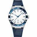 Men's dress watch with white dial, blue markers, silver case, and blue leather strap