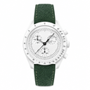 White dial dress watch with dark green suede strap and white case on white background