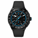 Sport chronograph watch with black dial, blue accents, and black rubber strap