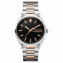 Two-tone metal dress watch with black dial and rose gold-tone markers