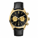 Gold tone dress chronograph watch with black dial and black leather strap on white background