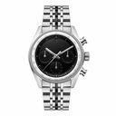Chronograph watch with black dial and silver metal bracelet on white background