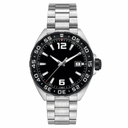 Men's silver metal bracelet watch with black dial and black bezel on white background