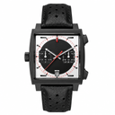 Racing chronograph watch with black square case, black and white dial, red second hand, and black perforated leather strap on white background