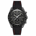 Chronograph watch with black dial and black rubber strap with red stitching detail