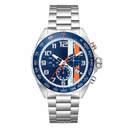 Sporty chronograph watch with blue dial and stainless steel bracelet on white background
