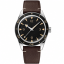 Casual watch with black dial, silver case, and brown leather strap, 41mm case size