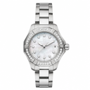 Women's silver-tone dress watch with mother-of-pearl dial and stone bezel on white background