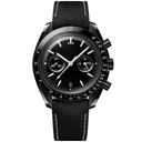 Black chronograph watch with black fabric strap and white stitching on a white background