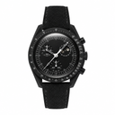 Black moon phase watch with black suede strap on white background