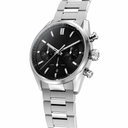Chronograph sport watch with black dial and stainless steel bracelet on white background