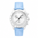 White dial watch with light blue leather strap on white background
