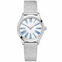 Small women's silver-tone dress watch with white dial and blue Roman numerals