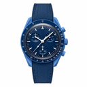 Blue chronograph watch with blue dial, blue case, and textured blue rubber strap on white background