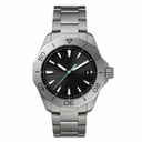 Sport diver style watch with black dial, luminous markers, stainless steel bracelet, and unidirectional bezel