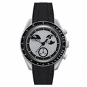 Chronograph watch with silver metal case, gray dial with moon phase, and black rubber strap