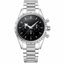 Silver stainless steel chronograph watch with black dial and metal bracelet on white background