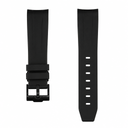 Black rubber watch strap with buckle displayed on white background