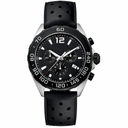 Sport chronograph watch with black dial, black bezel, and black perforated rubber strap