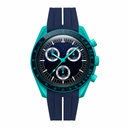 Sport chronograph watch with navy blue starry dial, turquoise case, and navy blue rubber strap on white background