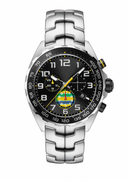 Men's sport chronograph watch with black dial, yellow accents, and silver metal strap