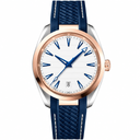 38mm watch with white dial, rose gold and silver bezel, and blue synthetic strap