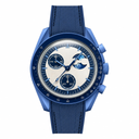 Blue watch with blue rubber strap and moon phase dial on white background