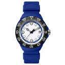 Sport watch with white dial, black bezel, and blue rubber strap on white background